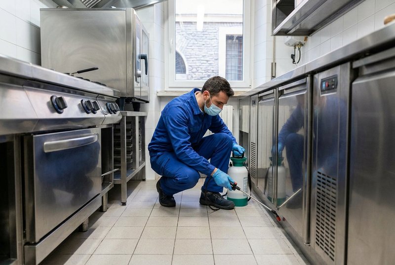 Tecnico La Pulinova esegue trattamento spray professionale contro blatte in cucina commerciale a Bologna