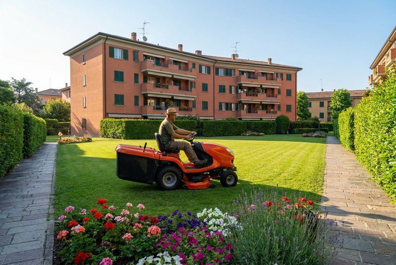 Squadra La Pulinova durante manutenzione area verde condominiale con tosaerba a Bologna