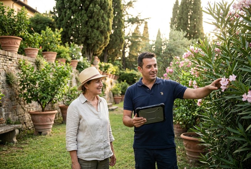 Tecnico del verde La Pulinova durante sopralluogo gratuito per preventivo giardinaggio a Bologna