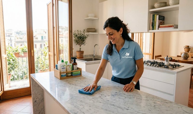 Operatrice La Pulinova pulisce cucina di appartamento a Bologna