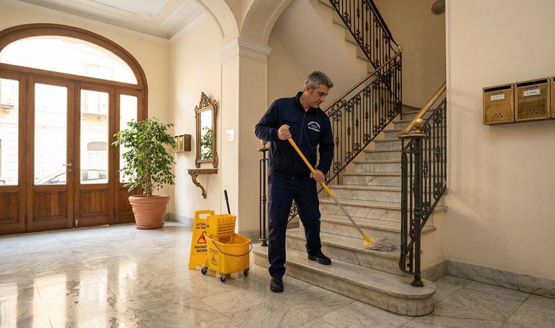 Addetti La Pulinova durante pulizia androne condominio a Bologna