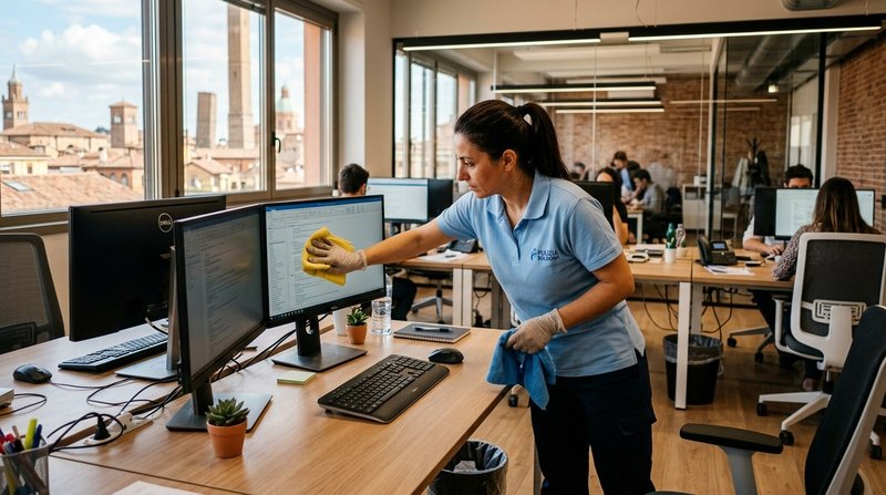 Operatore La Pulinova pulisce postazioni lavoro e monitor in ufficio a Bologna