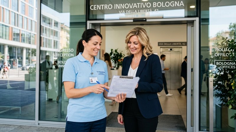 Responsabile La Pulinova durante sopralluogo gratuito per preventivo pulizie ufficio a Bologna