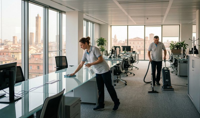 Operatori La Pulinova puliscono ufficio con vista su Bologna
