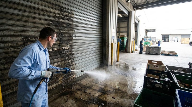 Operatore La Pulinova con idropulitrice professionale pulisce baia di carico e portone industriale a Bologna