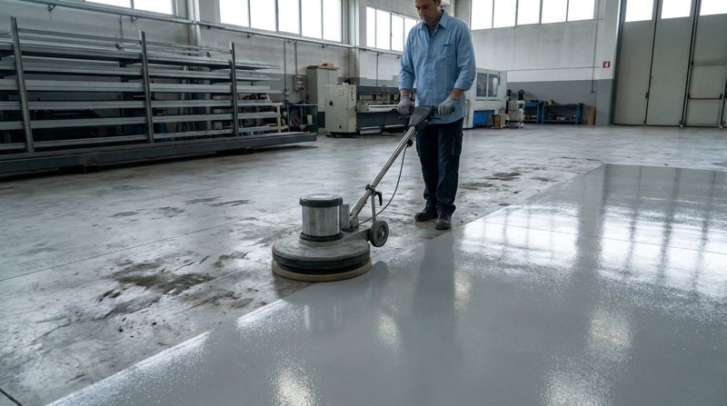 Pulizia pavimento in resina epossidica industriale con monospazzola professionale a Bologna