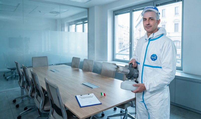 Tecnico La Pulinova sanifica sala riunioni con nebulizzatore e certificato